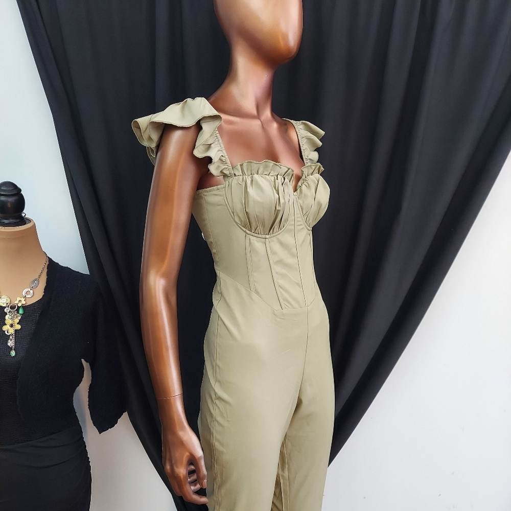 PrettyLittleThing Khaki Ruffle Shoulder Jumpsuit